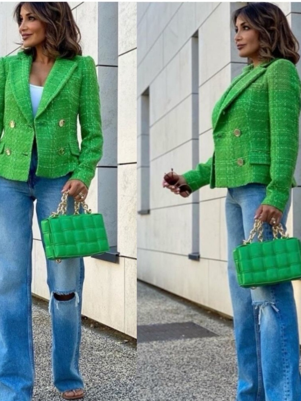 Rachel Zoe Bright Green Tweed Jacket with Gold Accents